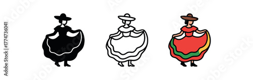 mexican dancer skirt twirl icon on white background Black silhouette flat icon outline icon and colored icon style vivid colors red green three minimal vector icon style