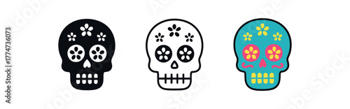 mexican skull sugar icon on white background Black silhouette flat icon outline icon and colored icon style colorful sugar skull palette red turquoise pink three minimal vector icon style