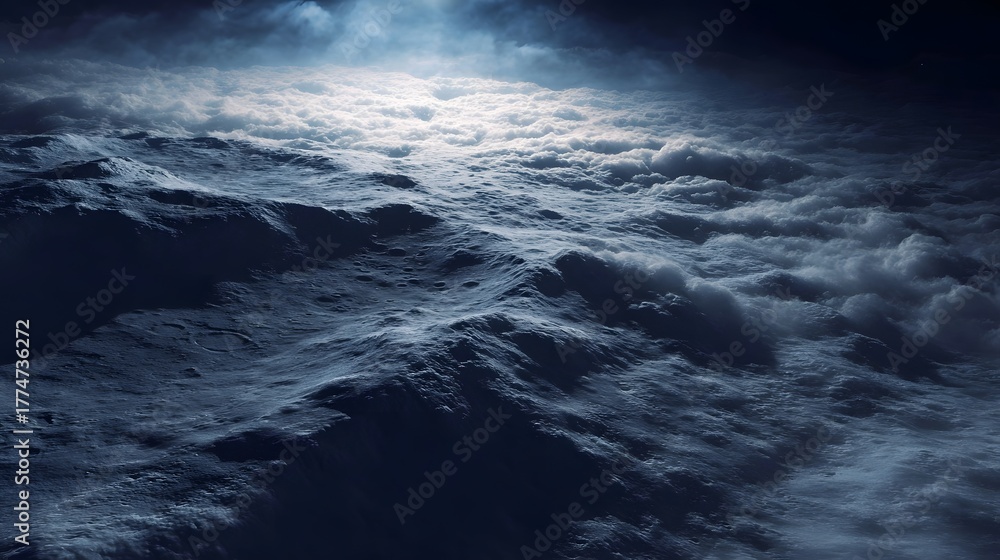 Fototapeta premium Dramatic view of a desolate cratered world under a stormy moonlit sky with atmospheric clouds