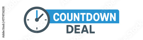 Flat vector banner design icon of clock near text COUNTDOWN DEAL blue and gray long rectangular bar