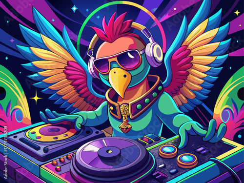 A colorful parrot wearing headphones and sunglasses spins records on a DJ mixer, surrounded by neon lights, radiating energy and rhythm, detailed vector art