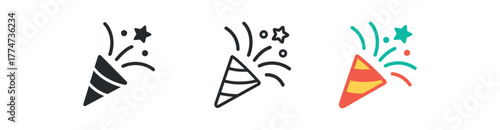 party confetti explosion icon on white background Black silhouette flat icon outline icon and colored icon style vivid festive palette red green turquoise three minimal vector icon style