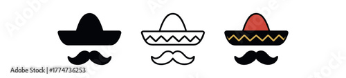 mariachi hat and mustache icon on white background Black silhouette flat icon outline icon and colored icon style red black gold tones three minimal vector icon style