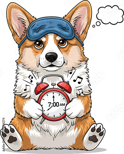 Adorable Corgi Cartoon Waking Up with Alarm Clock - Cute Sleepy Dog with Eye Mask at 7 AM Illustration on Transparent Background, Morning Pet Vector