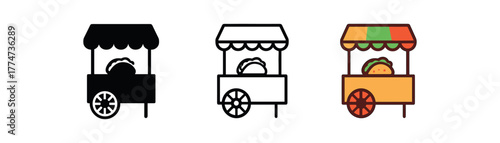mexican street food stand icon on white background Black silhouette flat icon outline icon and colored icon style warm tones orange green red three minimal vector icon style