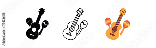 mexican guitar and maracas icon on white background Black silhouette flat icon outline icon and colored icon style warm music colors red orange three minimal vector icon style