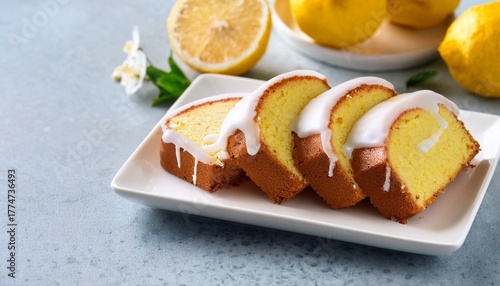 iced lemon cake loaf slices on white plate