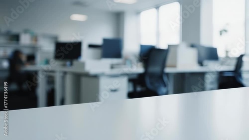 A blurred view of a modern office space with white desks and chairs, a bright window, and a foreground table
