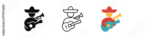 mariachi trumpet guitar icon on white background Black silhouette flat icon outline icon and colored icon style golden red turquoise three minimal vector icon style