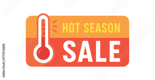 Flat vector banner design icon of thermometer near text HOT SEASON SALE bright orange and red horizontal design
