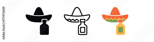 sombrero and tequila icon on white background Black silhouette flat icon outline icon and colored icon style warm sunset tones orange green three minimal vector icon style