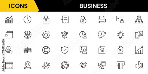 Business and Finance web icons in line style. Money, bank, contact, infographic. Icon collection. Vector illustration.
