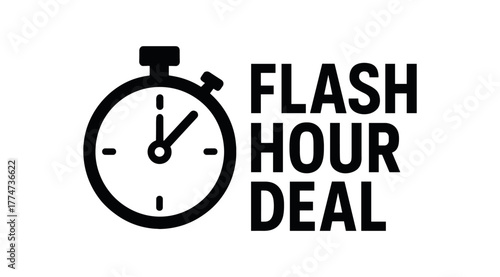Flat vector banner design icon of stopwatch near text HOUR DEAL black and white simple layout