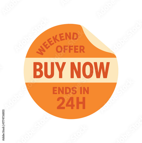 Flat vector sticker design top text WEEKEND OFFER main text BUY NOW bottom text ENDS 24H circular sticker with folded corner orange and cream colors