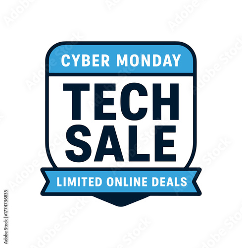 Flat vector label design top text CYBER MONDAY main text TECH SALE bottom text LIMITED ONLINE DEALS digital blue and black color scheme