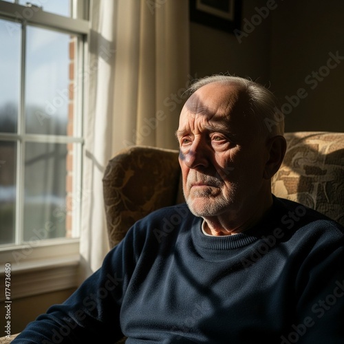 Thoughtful elderly man sitting alone in a sunlit room looking out the window.