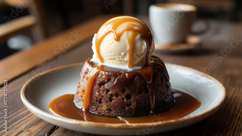 Sticky toffee pudding with vanilla ice cream and caramel sauce on a plate