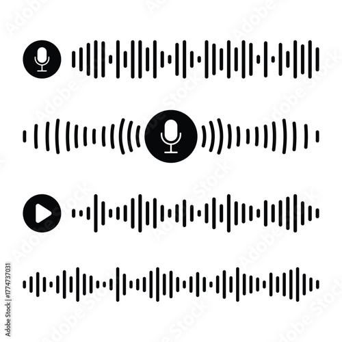 Visual representation of audio waveforms and sound waves with microphone and play icons symbolizing voice messages and recordings