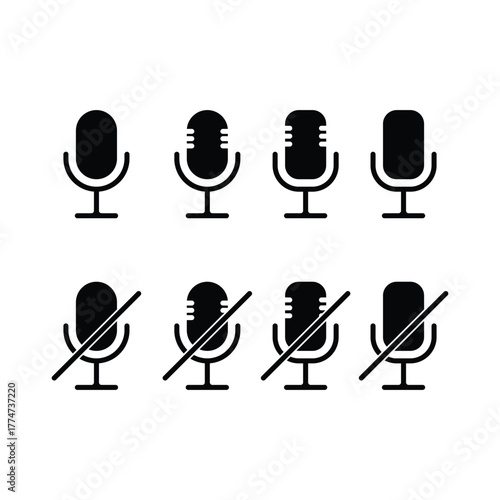 Collection of eight simple black microphone icons representing audio recording and muting functions on a white background vector illustration
