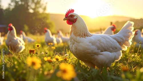 A flock of white chickens grazing in a sun-drenched field filled with flowers