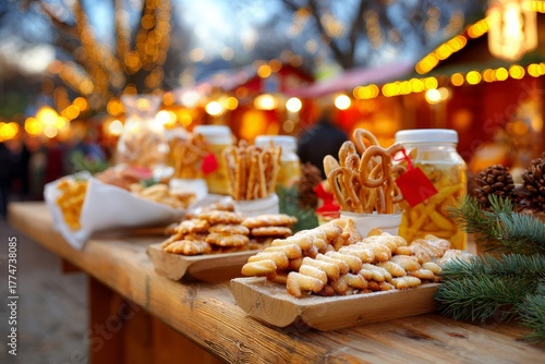 Christmas market table displays festive cookies, pretzels, snacks, blurred lights illuminate background
