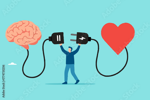 heart and brain connection, align your heart and brain, control feeling and emotion with logical thinking brain, man connect plug with heart to brain concept vector illustration with flat style design