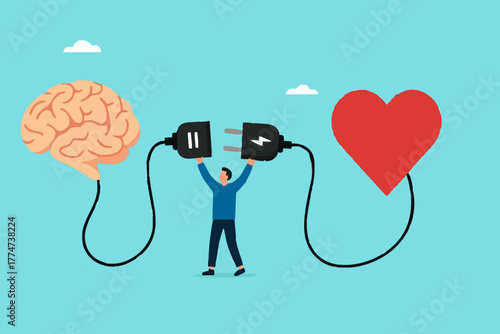 heart and brain connection, align your heart and brain, control feeling and emotion with logical thinking brain, man connect plug with heart to brain concept vector illustration with flat style design