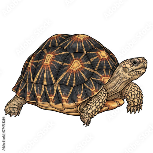 Detailed illustration of a star tortoise on a black background