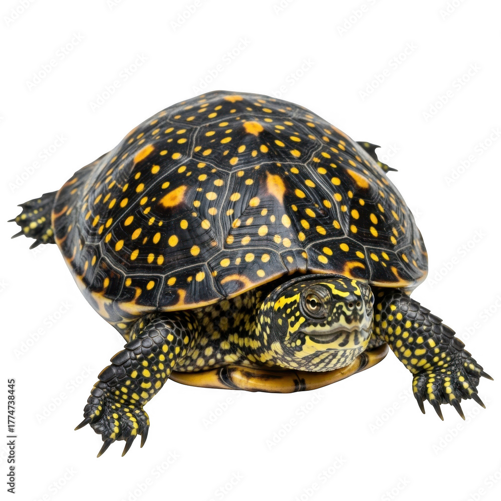 Fototapeta premium Spotted turtle with yellow and orange spots on black background