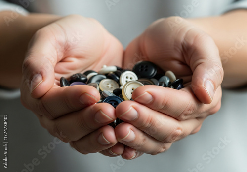 Gentle hands cradle a diverse collection of vintage and modern buttons, offering a tactile connection to creativity and craft.