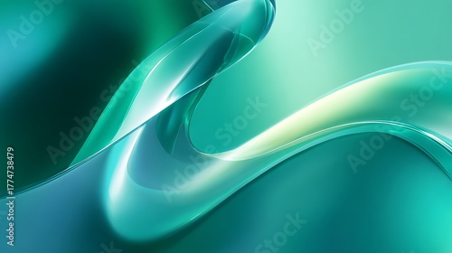 Abstract Turquoise Green Background with Glassy Curves and Smooth Light Effects