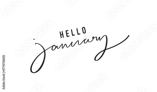 Hello january month text font calligraphy hand written lettering script black color object icon hello january jan winter season time happy new year merry christmas beautiful message december celebrate