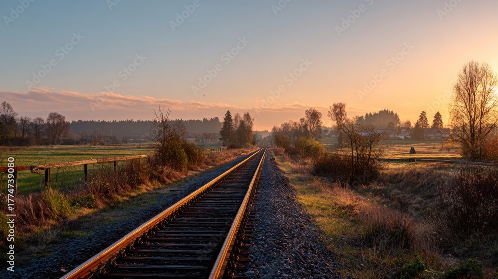 Obraz premium Serene Sunrise Over Railway Tracks in Beautiful Countryside Landscape with Lush Green Fields and Trees Against Colorful Sky