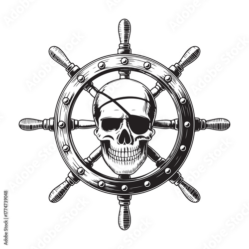 Skull with eyepatch on ship's wheel illustration helm