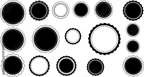 Scalloped Edge Stitched Circle Badge Vector Set. Simple label sticker frame template. Cute vintage frill ornament. Vector illustration isolated on white background.