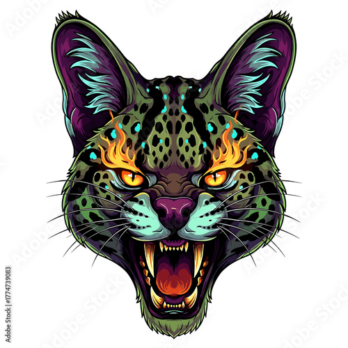 A vibrant digital illustration of a snarling, spotted cat head.