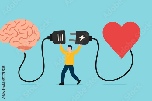 heart and brain connection, align your heart and brain, control feeling and emotion with logical thinking brain, man connect plug with heart to brain concept vector illustration with flat style design