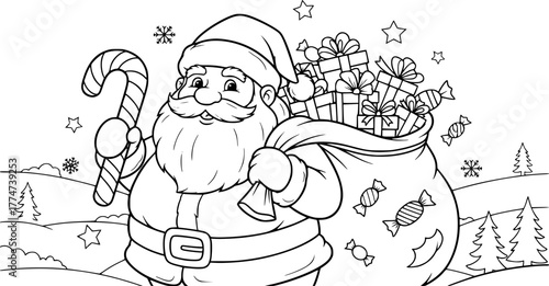 Santa Claus with gifts and candy cane outline line art doodle cartoon illustration. Winter Christmas theme coloring book page activity for kids and adults
