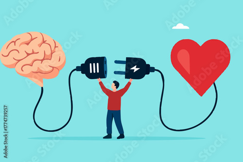 heart and brain connection, align your heart and brain, control feeling and emotion with logical thinking brain, man connect plug with heart to brain concept vector illustration with flat style design