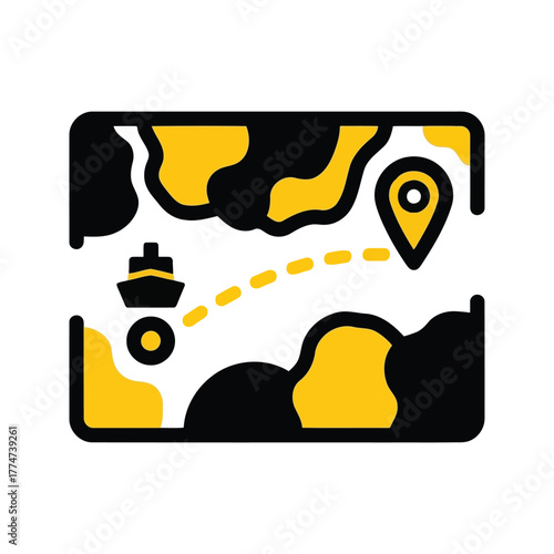 Yellow map with ship and location pin icon isolated on transparent background