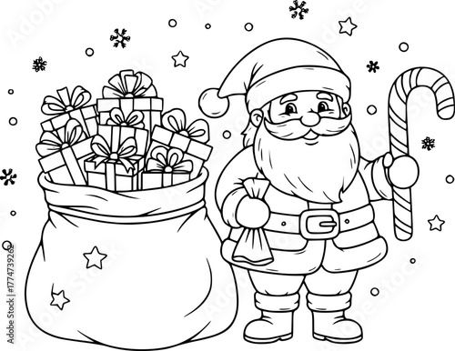 Santa Claus with gifts and candy cane outline line art doodle cartoon illustration. Winter Christmas theme coloring book page activity for kids and adults
