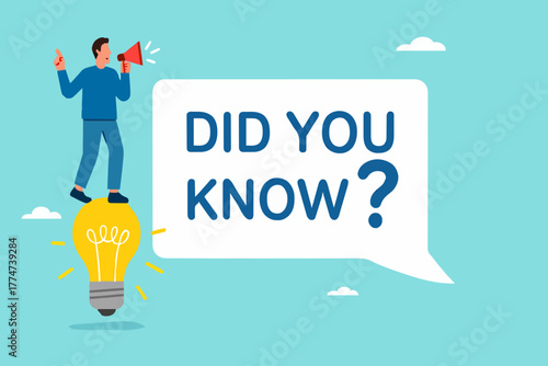 did you know template design, fun fact, expert information, explanation or solution, idea or advice message, useful knowledge or wisdom, useful tip, man talk on megaphone on did you know speech bubble