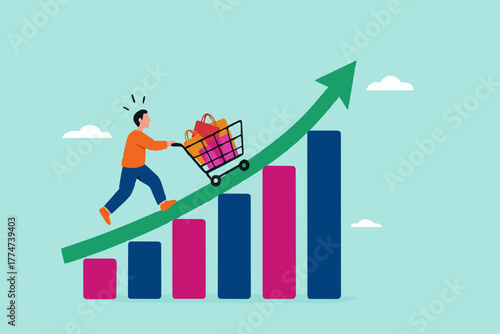 food price inflation, Inflation causing grocery price rising up, food or economic crisis that causes food prices rising up, Businessman push shopping carts filled with food items up the price chart
