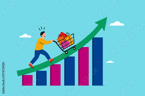 food price inflation, Inflation causing grocery price rising up, food or economic crisis that causes food prices rising up, Businessman push shopping carts filled with food items up the price chart