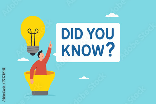did you know illustration with businessman coming out of light bulb idea with megaphone and speech bubble saying did you know?, expert information, explanation or solution, useful tip or knowledge