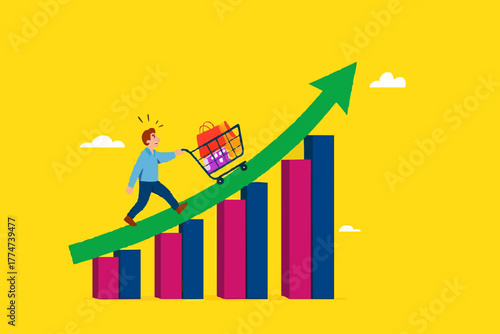 food price inflation, Inflation causing grocery price rising up, food or economic crisis that causes food prices rising up, Businessman push shopping carts filled with food items up the price chart