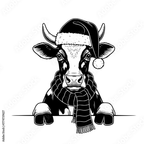 A charming illustration of a cow, adorned with a festive hat and scarf, brings the holiday spirit. Perfect for seasonal designs and celebrations. vector illustration