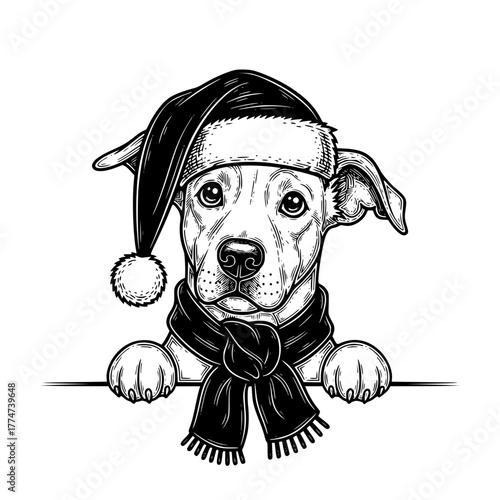A charming dog adorned in a Santa hat and a cozy scarf, peering over a blank surface, embodying the festive spirit and adorable warmth. vector illustration