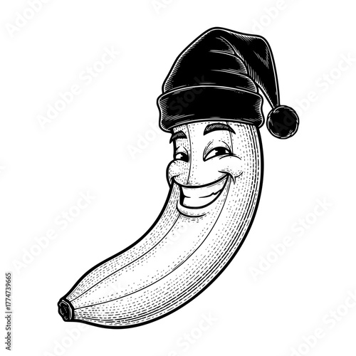 A smiling cartoon banana wearing a sleep cap is a cheerful and whimsical illustration that can evoke a sense of playfulness and comfort. vector illustration