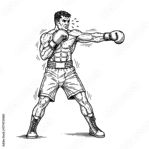 A determined boxer delivers a powerful punch, showcasing intense focus and physical prowess in the boxing ring. vector illustration
